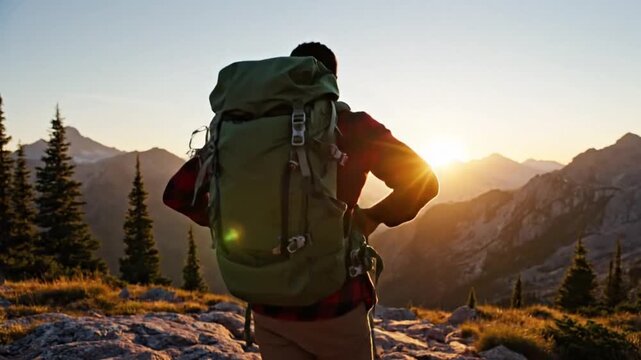 someone tying hiking boots and adjusting a backpack on rocky ground at sunrise