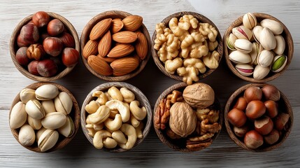 Top view of various raw nuts including almonds, cashews, walnuts, pistachios, and hazelnuts neatly arranged in small wooden bowls.
