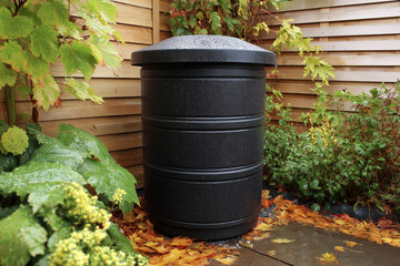 Black rainwater collection barrel placed in a lush garden corner with wooden fencing and autumn leaves scattered on the wet ground.
