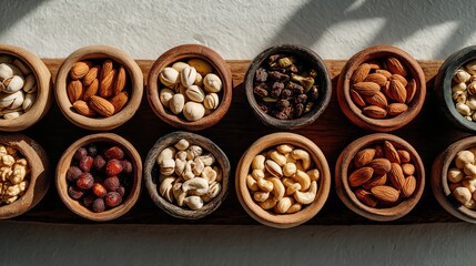 Top view of various nuts and dried fruits arranged in small rustic bowls on a wooden tray with natural sunlight and shadows.
