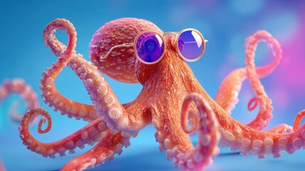 A colorful octopus floats gracefully in a lively underwater scene. It sports sleek sunglasses, adding a fun touch to its playful demeanor against a bright blue backdrop filled with bubbles.