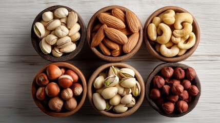 Assorted mixed nuts in wooden bowls top view
