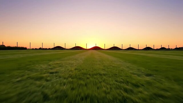Beautiful wide open green field under a stunning sunset sky with abstract undulating hills and tall posts on the horizon Peaceful natural scenery