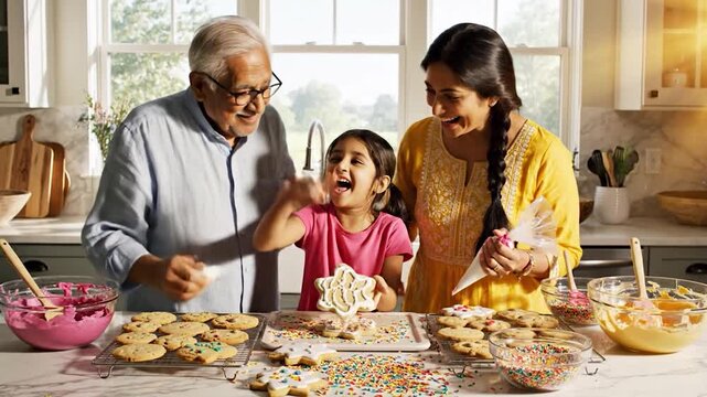 Happy multi generational family bakes and decorates sweet cookies in a bright home kitchen showing togetherness and enjoyment