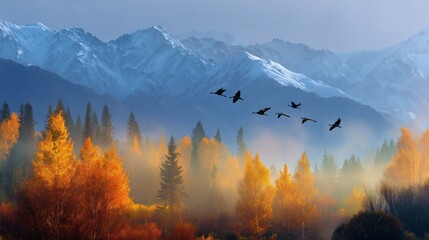 golden autumn forest at dawn with cranes and dramatic sunlit mist