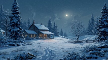 silent snowy winter meadow with evergreen trees under cool peaceful night sky