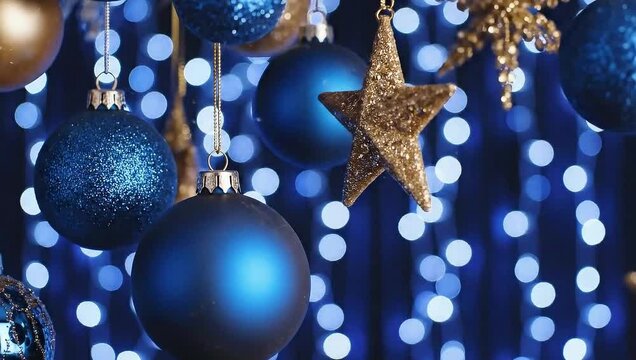Sparkling blue and gold Christmas ornaments shimmer in magical light