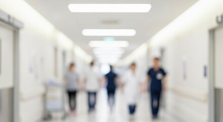 Blurred motion of medical professionals navigating a bustling hospital corridor, conveying a sense of urgency and constant patient care