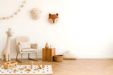 Minimalist Kids Room Interior with Neutral Decor and Blank Wall