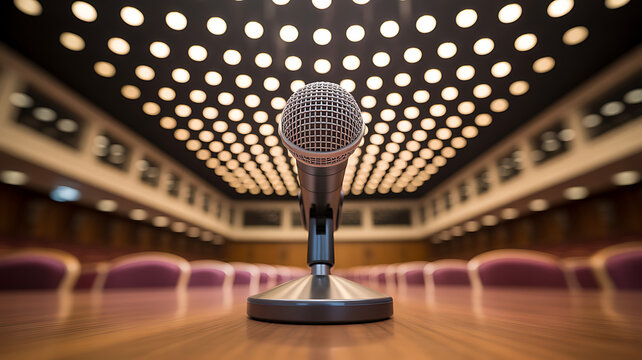Professional Microphone on Stage in Empty Conference Hall for Speech or Presentation