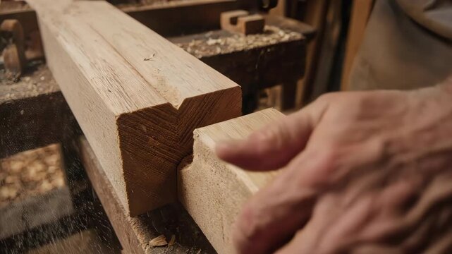Close up of wooden beams joined together with a mortise and tenon joint.