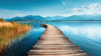 Fototapeta premium A serene wooden pier stretches across a calm lake, with surrounding mountains gently rising in the distance under a bright blue sky. It's a peaceful scene perfect for relaxation.