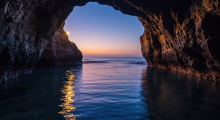 Sunrise through a coastal cave. Calm water reflects the soft light of dawn