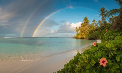 Tropical beach panorama with double rainbow