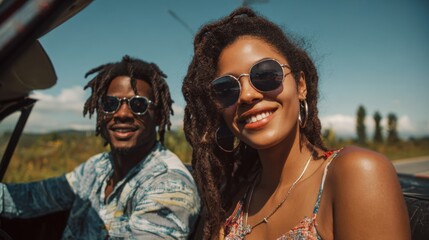 A happy couple smiles as they relax in a vintage car on a bright sunny day. Lush green hills and a clear blue sky create a perfect backdrop for their adventure.