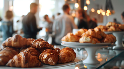 Delicious Fresh Croissants on Display at a Warm, Inviting Cafe or Breakfast Buffet