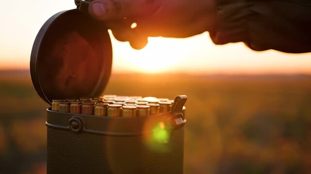 A hand reaches towards a round container while the sun sets in the background. The hand's motion emphasizes the moment as sunlight reflects off the container's surface.