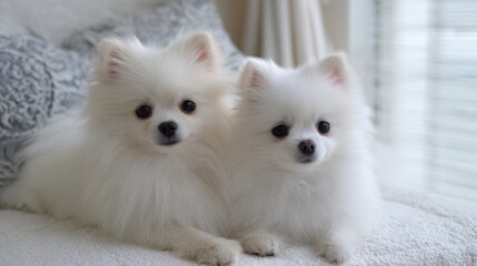 Two adorable white dogs, likely Pomeranians, sit closely on a soft blanket. The warm natural light fills the room, highlighting their fluffy coats and bright eyes.