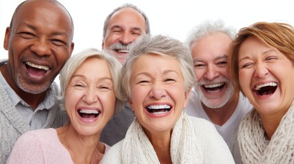 Six engaged seniors are laughing together, showcasing their joy and friendship. They are in a well-lit space, wearing cozy sweaters, and sharing a fun moment.