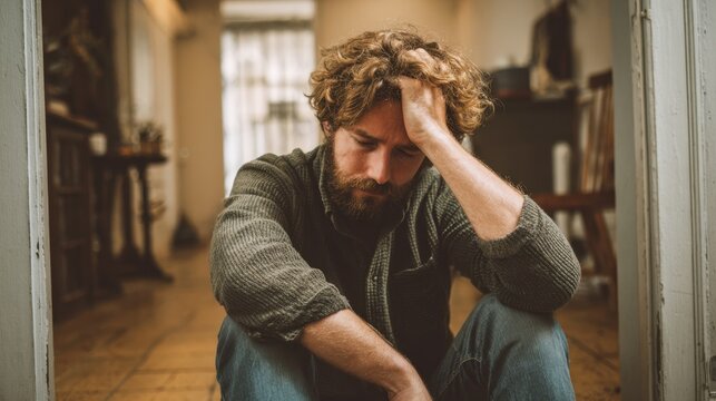 A man sits on the floor with a thoughtful expression, resting his forehead on his hand. The setting is warm and inviting, illuminated by natural light.