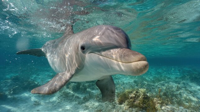 A dolphin swims close to the camera in crystal-clear water, showcasing its playful nature. Coral reefs can be seen below, reflecting sunlight on a beautiful day in a tropical setting.