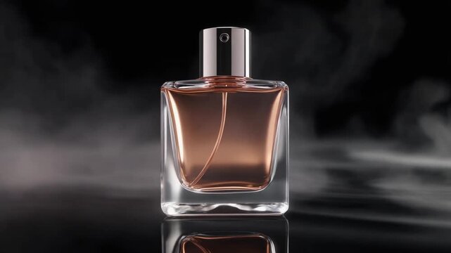 Elegant perfume bottle on a reflective surface with a smoky background.