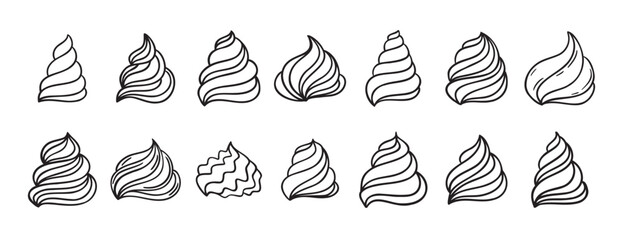 Cream for cakes or for ice cream doodle hand drawn icon set. Outline drawing cream for cakes or for ice cream line clipart symbol collection