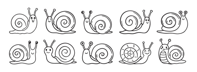 cute snail icon doodle hand drawn set. Outline happy snail character with smile line drawing clipart symbol collection © Yanka