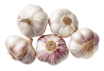 Four whole garlic bulbs clustered together, top view.  Each bulb shows a white exterior with swirling pinkish-purple hues.  A small, brown center is visible on each