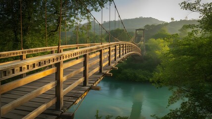 Fototapeta premium Wooden Suspension Bridge in Nature — Summer Landscape