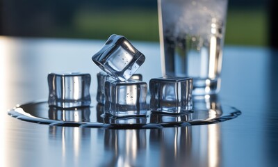 Clear ice cubes on a wet metallic surface, with a glass of water in the background