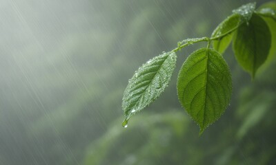 Close-up of rain-drenched leaves on a branch. Soft light, lush green foliage, water droplets