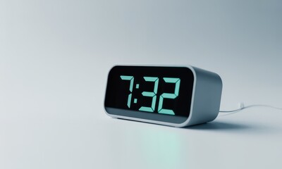 Digital alarm clock, light teal numbers, angled view, minimalist style