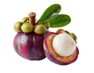 Two mangosteens, one whole and one halved,  displaying vibrant purple skin and a juicy white flesh. Fresh leaves accent the image