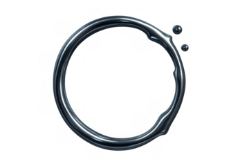 Liquid metal forming a chrome ring shape with flowing mercury droplets, abstract fluid transforming, transparent background