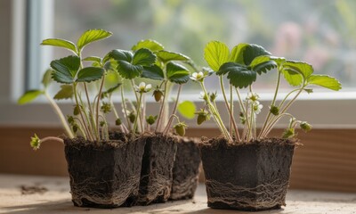 Young strawberry plants in small pots. Sunlight streams through window