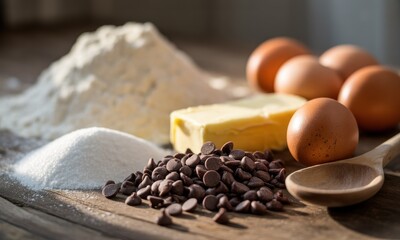 Baking ingredients on a rustic wooden table. Flour, sugar, butter, eggs, and chocolate chips are arranged.