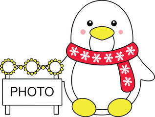 Cute cartoon penguin character wearing a red winter scarf with snowflakes, holding a 'PHOTO' sign, perfect for festive seasonal graphic designs.