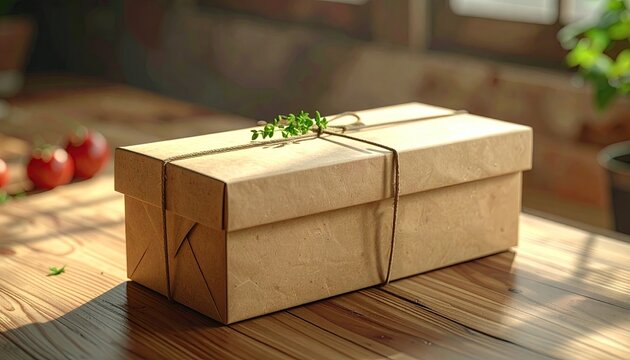 Close Up of Brown Cardboard Box Tied with String and Greenery on a Wooden Table with Bright Natural Light
