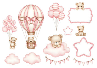 Watercolor Teddy Bear Baby Shower Graphic Set with Hot Air Balloon