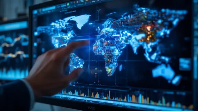 Analyzing Real-Time Global Data on a Computer Screen with Finger Interaction. 4k video - Powered by Adobe
