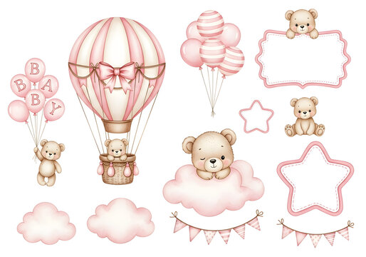 Watercolor Teddy Bear Baby Shower Graphic Set with Hot Air Balloon