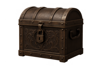 Vintage wooden treasure chest with metal bands and an ornate padlock, representing adventure, mystery, and ancient pirate lore