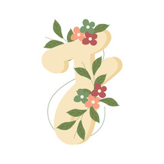 Illustration of the letter J in flat style, decorated with colorful flowers and green leaves, creating a delicate and botanical look. Ideal for monograms, invitations, and personalized stationery.