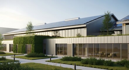 Fototapeta premium Eco Friendly Architecture Design Showcasing Renewable Energy And Vertical Garden Facade