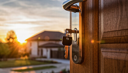 A door is ajar with keys in the lock, offering a glimpse of a house at sunset, symbolizing opportunity and homeownership.