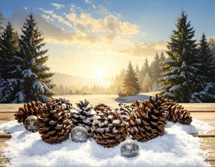 Winter scene with pine cones and snow under a colorful sunset sky Generative AI