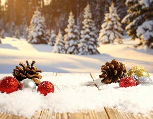 Winter wonderland scene with pine cones and ornaments in snowy landscape Generative AI