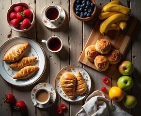 Rustic Breakfast Table Flat Lay with Pastries and Fresh Fruit