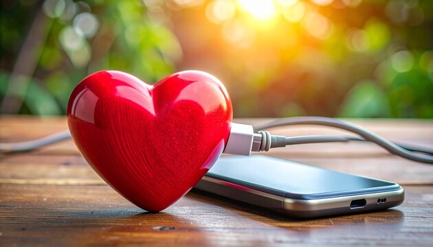Red heart charging via USB cable connected to a mobile phone charger. Conceptual image symbolizing love, energy, connection, technology, emotion, digital relationships. Vibrant and modern composition. - Powered by Adobe